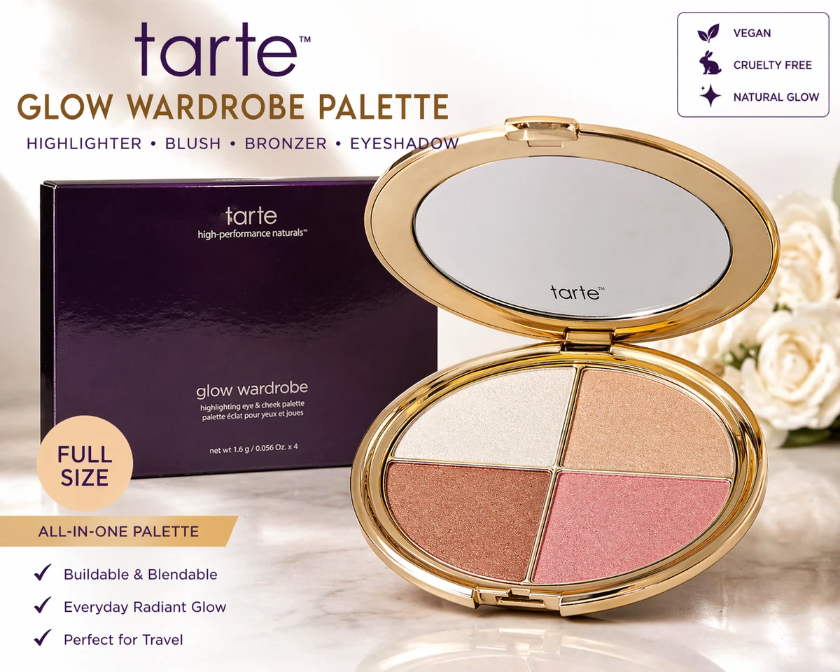 tarte Glow Wardrobe Palette Highlighter Blush Bronzer Eyeshadow Full Size New