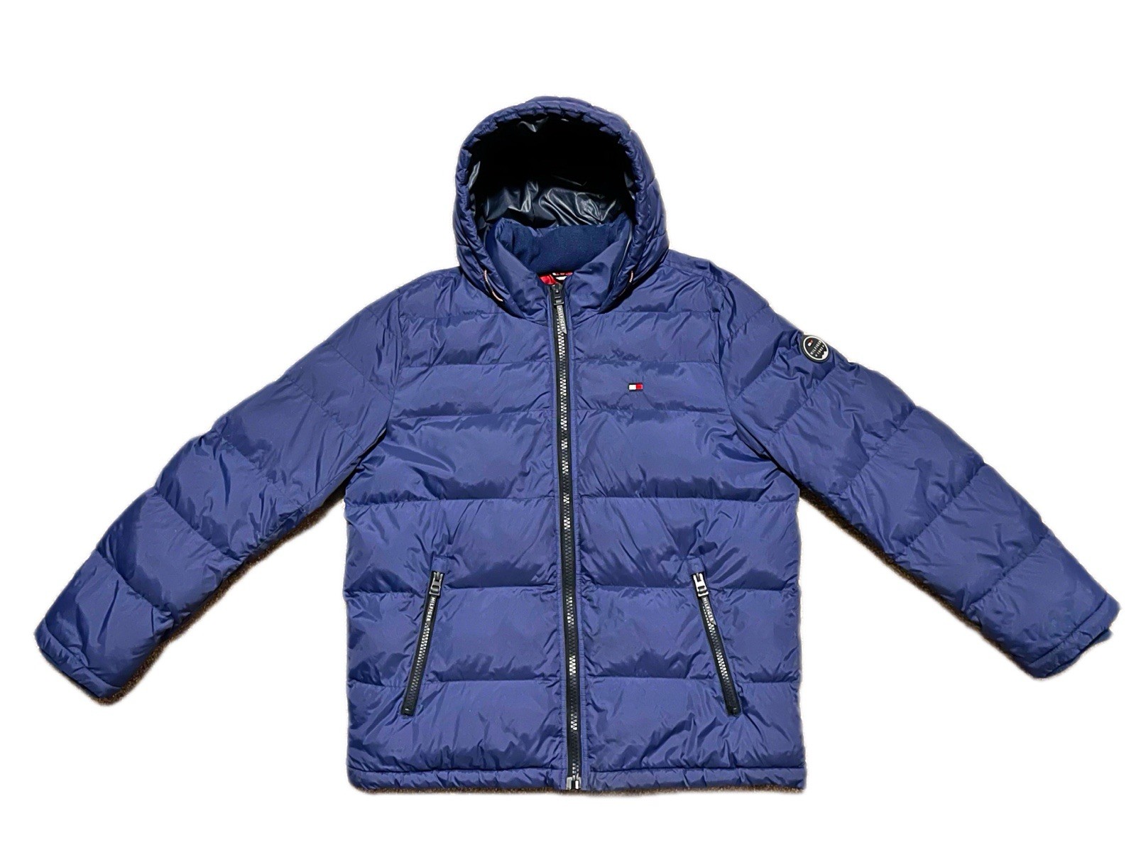 Tommy Hilfiger Men's Hooded Puffer Jacket Royal Blue Zip Quilted Nylon Large