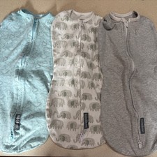 Lot Of 3 Gently Used Swaddle Me Zip Sleep Sack 0-2 M Elephants Dinosaurs Gray