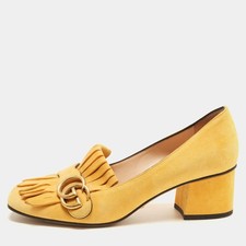 Gucci GG Marmont Fringe Size 37.5 Yellow Suede Block Heel Pumps