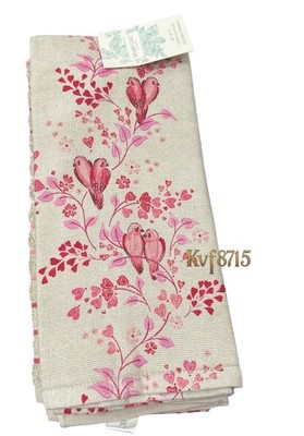SHABBY CHIC Kitchen Towels 3 Pc Set Valentines Day 100% Cotton Dove Hearts Pink