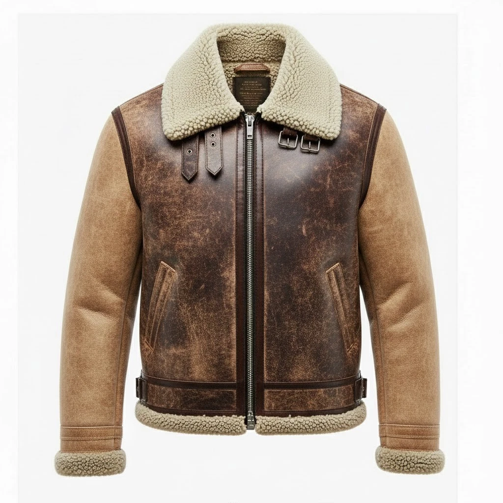 Men's Distressed Tan / Vintage Brown Shearling Leather B3 Bomber Aviator Jacket