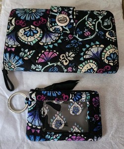 Vera Bradley Large Zip Around Wallet & Small ID Key Chain Set in Fan Flowers 