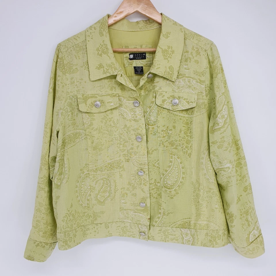 Carole Little Womens 100% Linen Green Paisley Western Button Front Jacket Sz 1X - Image 2 of 4