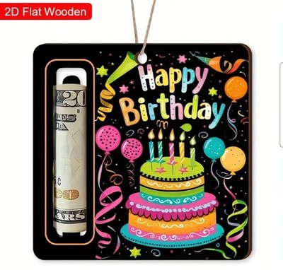 1 Stück 2D flache Geburtstags-Geldbörse aus Holz - buntes ''Happy Birthday''-Design mit Torte