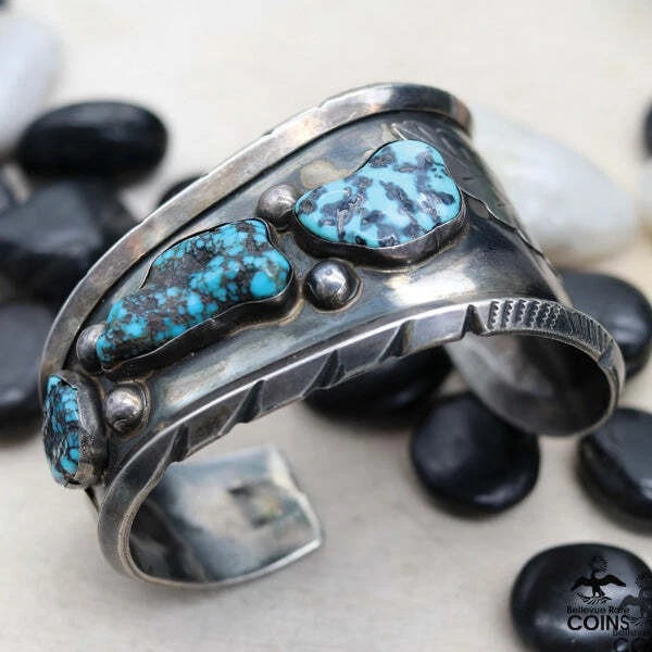 Southwestern Silver & Turquoise Chunky Asymmetrical Cuff Bracelet