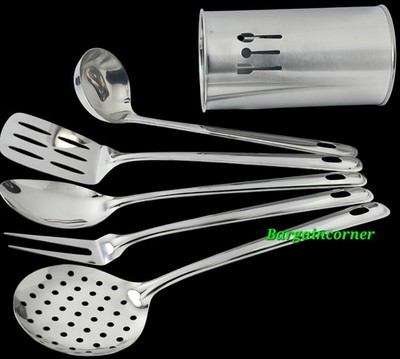 Küche Kochutensil 6 Stück Schlitz Wender Löffel Schöpfkelle Skimmer Gabel & Halter SS