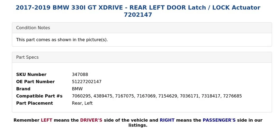 BMW 330I GT XDRIVE 2017-2019 - Pestillo de puerta trasera izquierda / Actuador de bloqueo 7202147 Foto 4 de 4