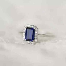 2.00 Ct Emerald Cut Lab-Created Sapphire Halo Women's Wedding Ring 925 Silver