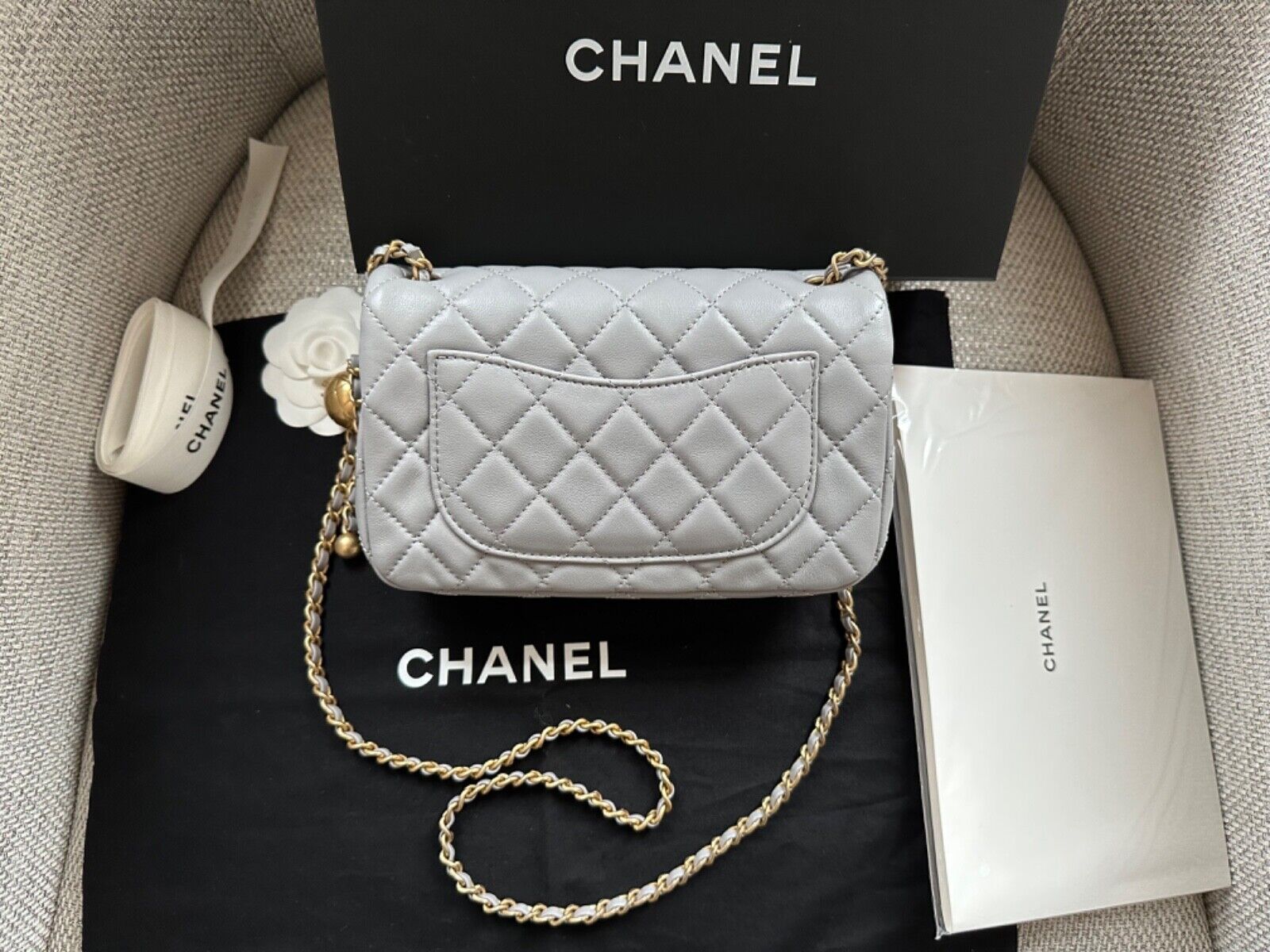 Chanel Mini Rectangular Top Handle 21A Gray/Grey Quilted Lambskin with  brushed gold hardware