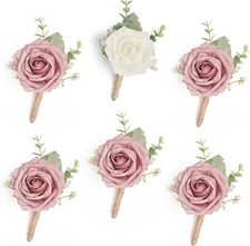 Dusty Rose Boutonniere with Eucalyptus for Men, Set of 6, Wedding Flower Boutonn