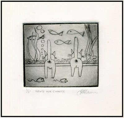CATS (Mice) LOOKING AT FISH TANK AQUARIUM Original Expressionist ETCHING Signed
