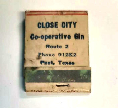 Vintage Front Strike Matchbook 1 Struck Close City Co-operative Gin Post, Texas