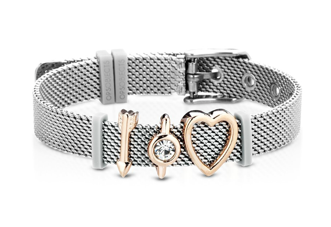 Bracciale Donna OPS OBJECTS Maglia Milano Acciaio Charms Cuore Oro Rosa +Omaggio