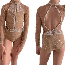 LA dance solo custom tan nude beige long leotard costume mesh rhinestones LC