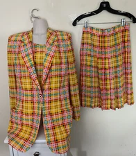 Vtg Emanuel Ungaro Parallele Silk Yellow Green Orange Plaid Skirt Suit Set Sz 4 