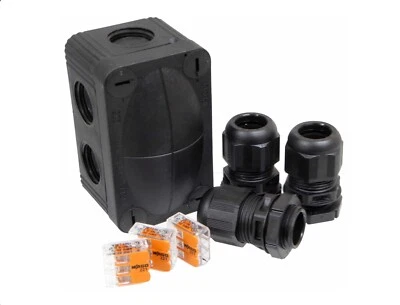 Wiska Junction Box 206 Black Waterproof IP66 with 20mm Glands and Wagos 221-413