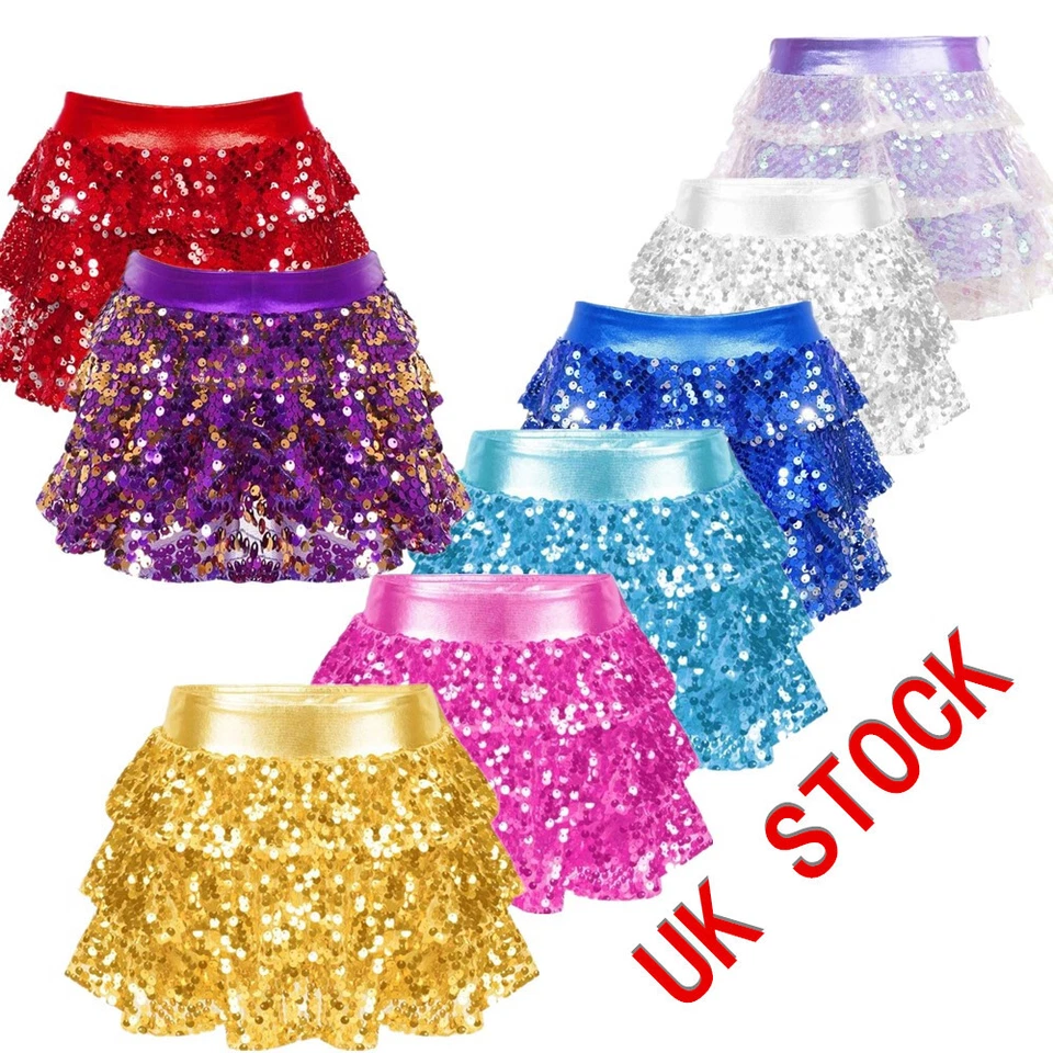 UK Girls Sparkle Dance Skirt Shiny Tiered Ruffle Mini Skorts Jazz Hip Hop Skirt - Image 3 of 4