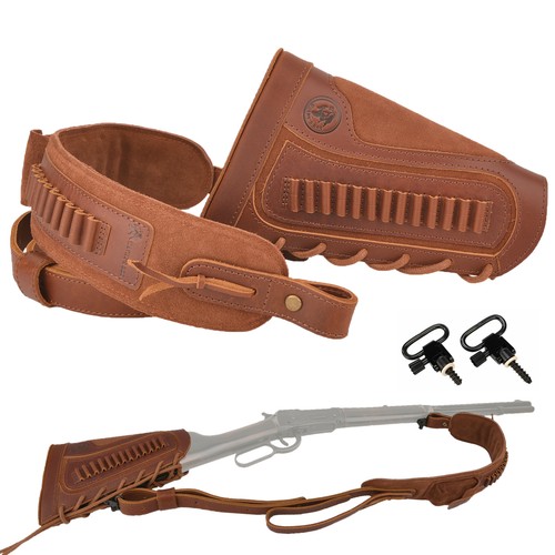 1 Combo of Leather Rifle Shotgun Buttstock Cover +Gun Sling with Swivels.308.22 - Afbeelding 2 van 36