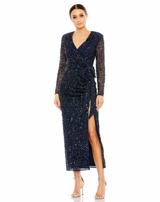 Mac Duggal Size 2 Navy 10558 Sequined Wrap Bow Cocktail Midi Long Sleeve Dress