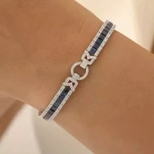 8ct Lab Created Princess Sapphire & Diamond 14K Gold Plated 925 Tennis Bracelet