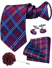 Zipper Ties for Men Pre-Tied Tie Set Silk Paisley Adjustable Red and Blue