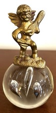 Gold Tone Angel Cherub / The Lute on Controlled Bubble Paperweight Vtg