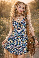 Y2K Boho Mini Dress Colorful Abstract Print Ruffle Sundress Festival Cottagecore