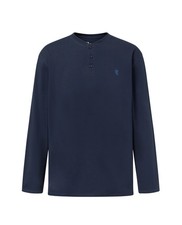 Herren Schlafanzug-Shirt Langarm Baumwolle Jersey Uni Blau 7534 El B&uacute;ho Nocturno