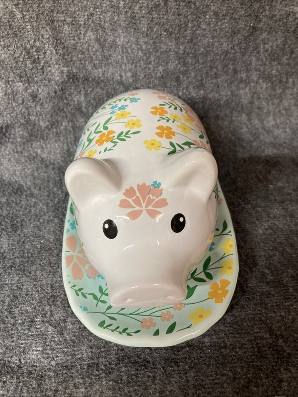 Pig Butter Dish Farmhouse Homestead Floral Design Turquoise Base