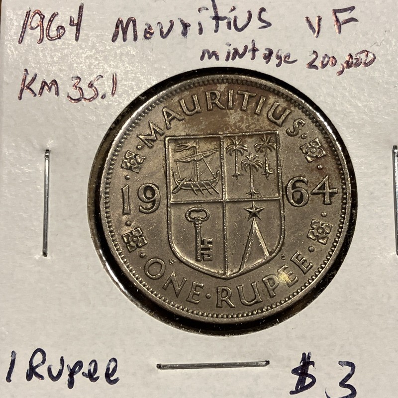1964 MAURITIUS - 1 RUPEE KM 35.1 - VF MINTAGE 200k - FREE SHIPPING