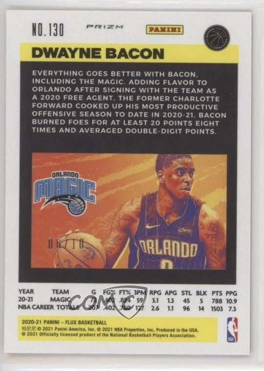 2020-21 Panini Flux Gold Shimmer Prizm /10 Dwayne Bacon #130 - Image 2 of 2