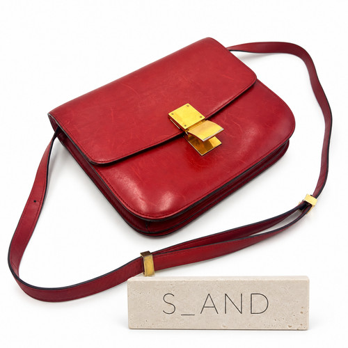 Auth CELINE Classic Box Medium Shoulder Bag Leather Red Beautiful