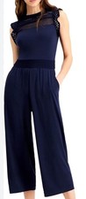 NWT 125 Michael Kors Mesh Cropped Flutter Sleeve Wide Leg Navy Jumpsuit-Large