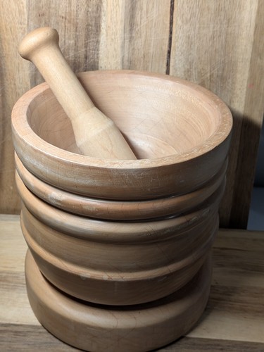 Large Rustic Wooden Mortar and Pestle Primitive Kitchen Barware 7"X6.5"