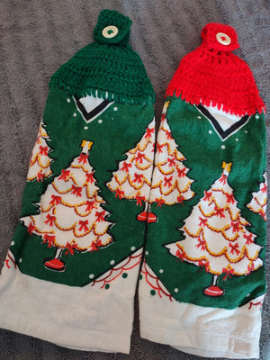 Vintage 2pc Christmas Tree Holiday Kitchen Hand Towel Set Stove Hanger