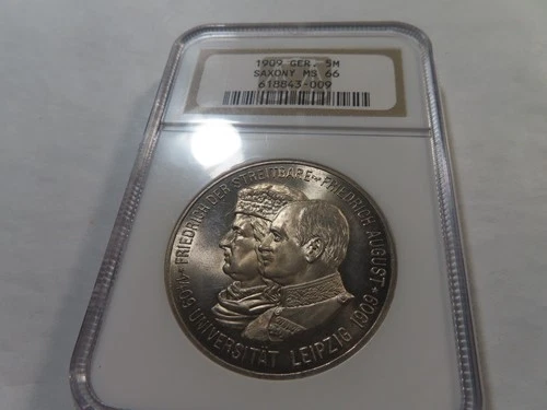 T39 Germany Saxony 1909 Silver 5 Marks NGC MS-66 Nice Toning