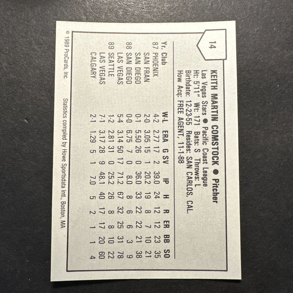 KEITH COMSTOCK 1989 PROCARDS #14 LAS VEGAS STARS ORIGINAL SHOT TO NUTS ESPN RARE - Image 2 of 2