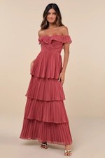 Lulus Always Remarkable Pleated Off-The-Shoulder Maxi Dress Rusty Rose Large