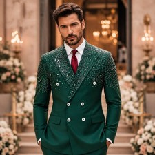 Luxury Green Men's Suits Beading Rhinestone Coat 2Pcs Double Breasted Jacket