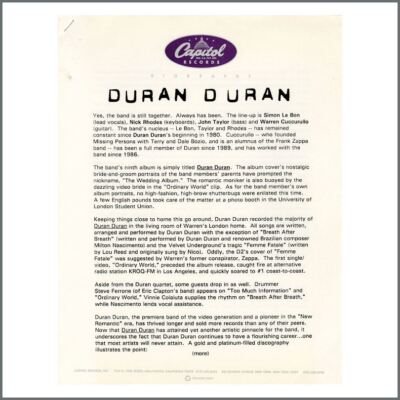 Duran Duran 1993 Hochzeitsalbum Capitol Records Werbe-Pressemappe (UK)