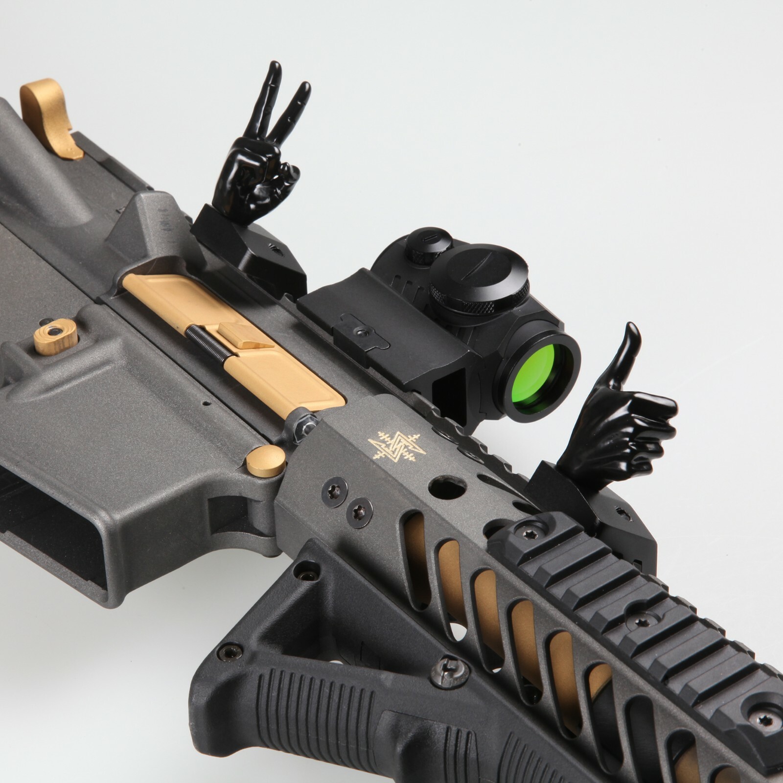 Offset 45 Degree Novelty Finger Sight Set, V Hand & Thumbs Up, BUIS