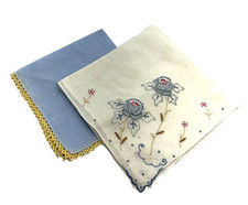 Vintage Handkerchiefs 2 White Embroidered Flowers and Blue Tatted Trim Cotton