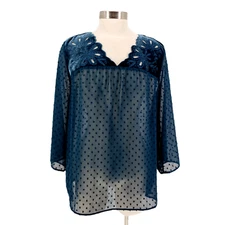 Style & Co Blouse Sheer Eyelet Kale Green Swiss Dot 3/4 Sleeve Top NWT Medium