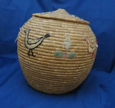 Yupik  Embroidered Basket with 4 birds and 4 flowers
