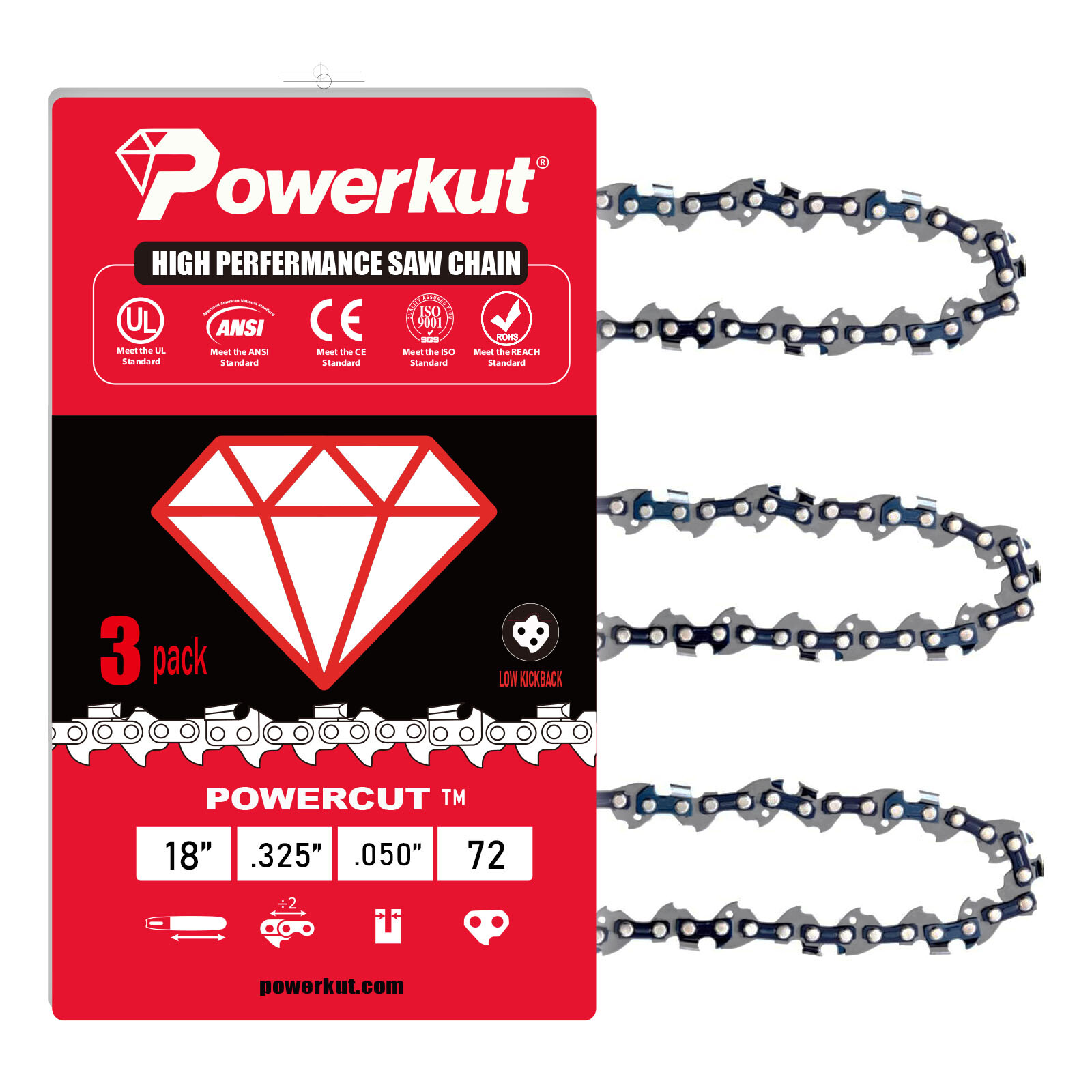 3 Pack 18INCH Chainsaw Chain .325 pitch FULL CHISEL .050 Gauge 72 DL drive