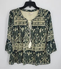 Skies Are Blue Top Womens Medium Green Tan Boho Print Flowy Bell Sleeve Blouse