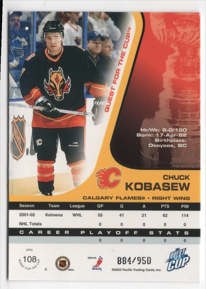 2002-03 Pacific Quest for the Cup RC Chuck Kobasew Rookie /950 #108 - Image 2 of 2