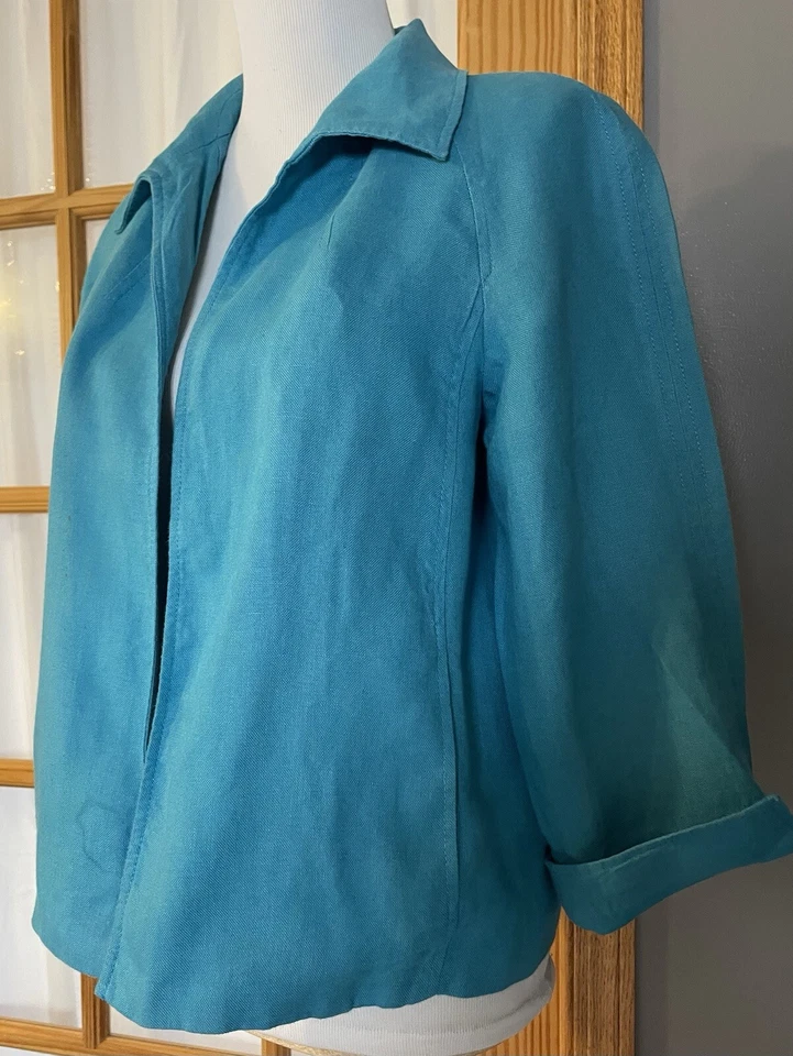 Talbots Iris Linen Blazer Jacket Womens Sz PL Crop Blue Open Front Casual Career - Image 2 of 4
