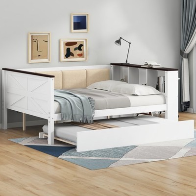 Full Size Wood Daybed with Storage Shelves, Upholstered Backrest,USB and Trundle